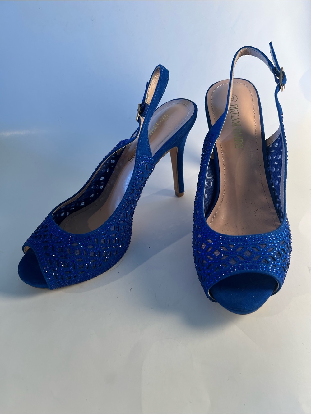 Dream Pairs Cobalt Blue Rhinestone Peep-Toe Slingback Heels Size 9